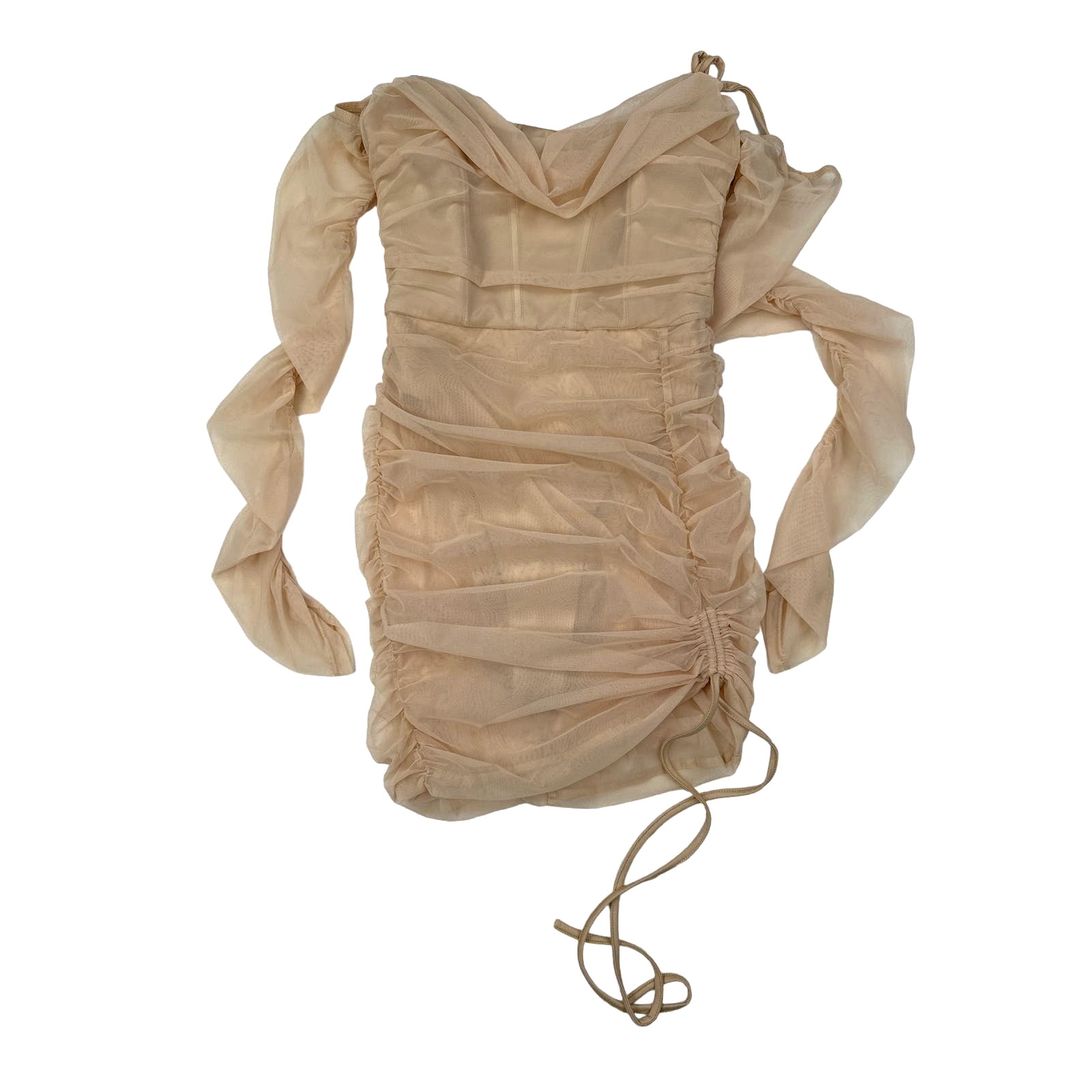 Oh Polly - Amiens Tie Mesh Dress With Long Sleeves In Nude & Tan